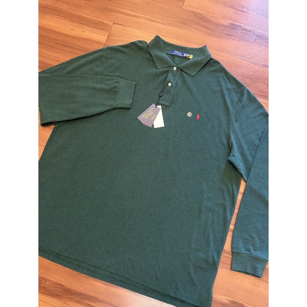 Polo Ralph Lauren Forest Green Long Sleeve Knot Polo Shirt Preppy Mens Size 4XLT
